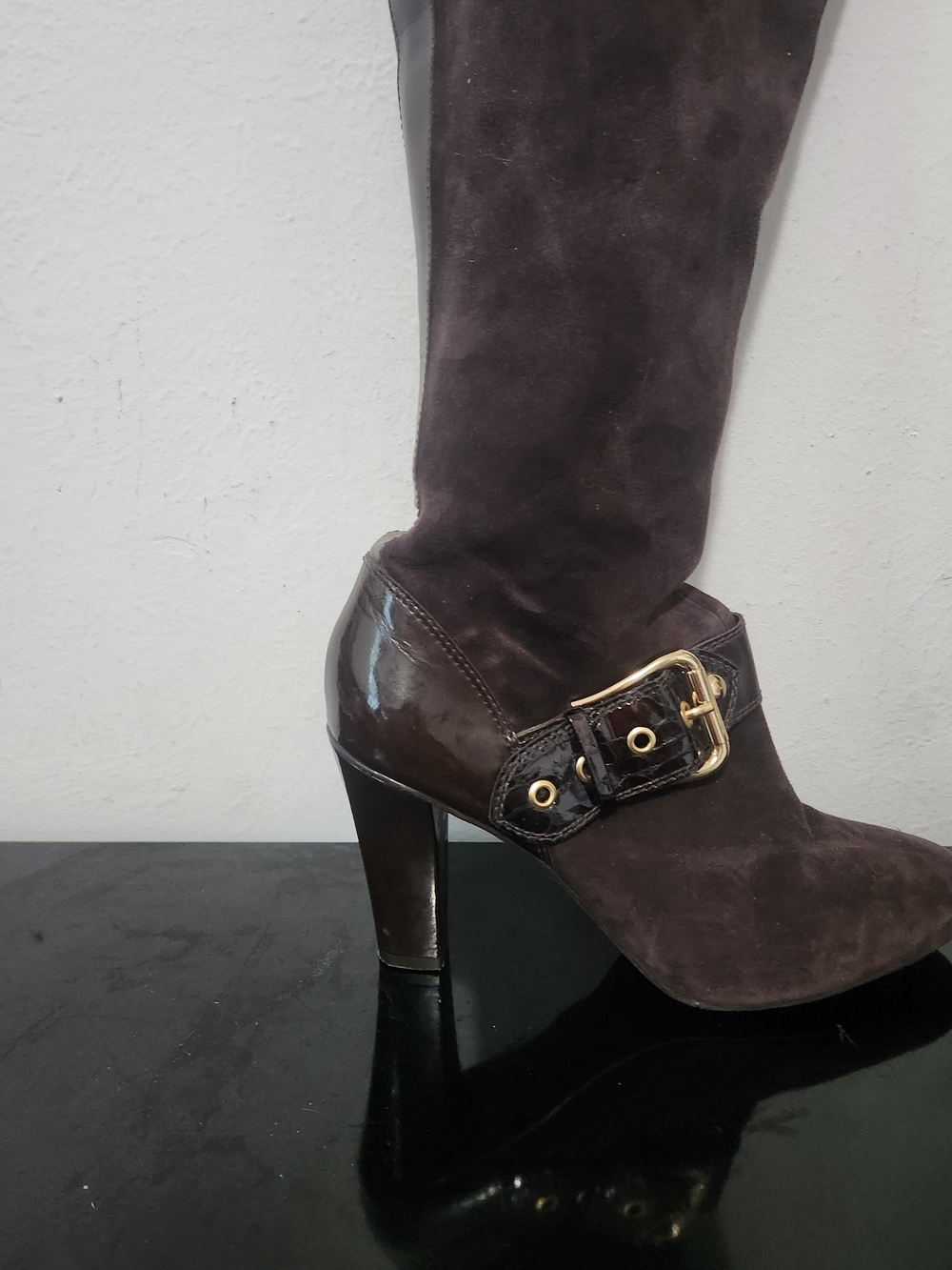 ANTONIO MELANI Dark Brown Suede Mid-Calf Heeled Boots with Buckle Detail - Picture 2 of 10